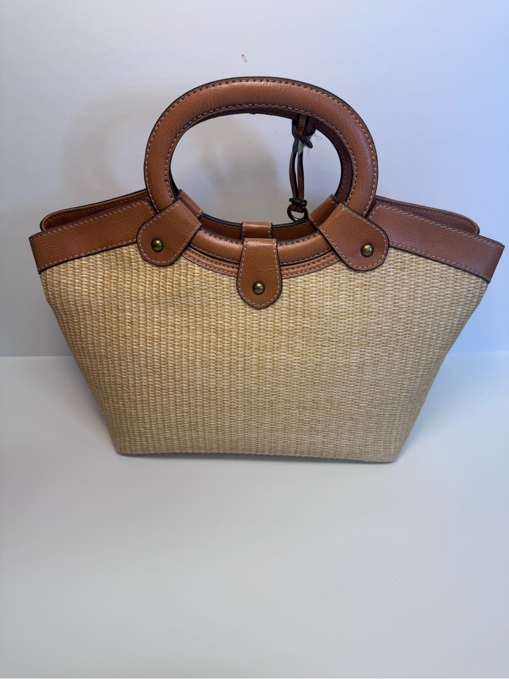 Fossil Tan Straw Tote with Brown Leather Trim and Multicolor Embroidery - Picture 2 of 16